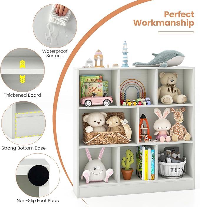 Costzon Wooden Toy Storage Organizer, 8-Cube Kids Bookshelf w/ 2 Anti-Toppling Kits, 3 Tier Open Shelves & Non-Slip Foot Pads, Book Shelf for Kids Rooms, Playroom, Classroom, Nursery (White)