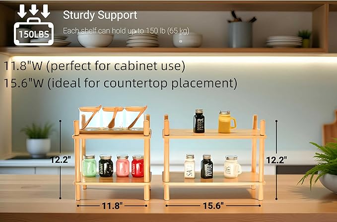 Bamboo Rack | Tool-Free Expandable (2-6 Tiers) | Kitchen Spice Organizer & Office Breakroom Snack/Cup Storage (Natural Bamboo)(Powered by Gogogo) (Natural, 15.6" W(2 Tier))