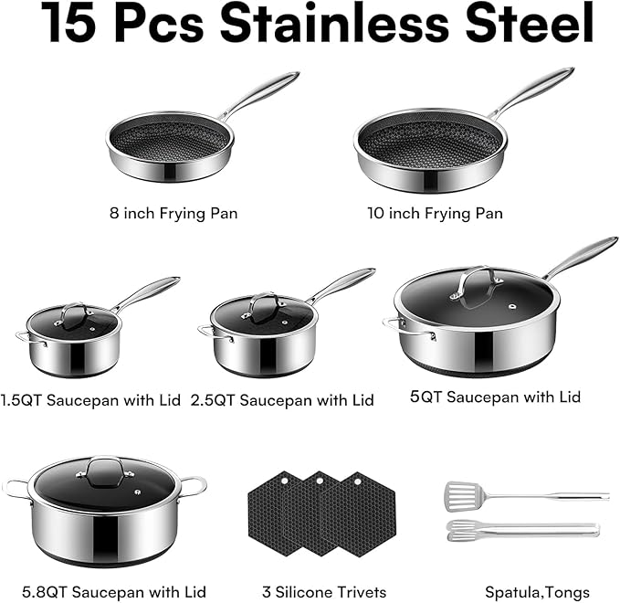 15-Piece 5 Ply Stainless Steel Cookware Set with Lids, Pots and Pans Set Non Stick, Non-Toxic, for Induction, Oven, Dishwasher Safe, RV Essentials, Kitchen Appliances