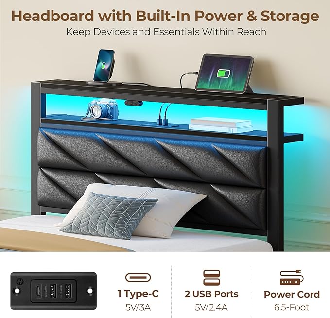 Seventable Twin Bed Frame with 4 Storage Drawers, Charging Station & LED Lights, Upholstered Headboard with 2-Tier Shelves, Metal Platform Bed, No Box Spring Needed, Noise-Free, Black