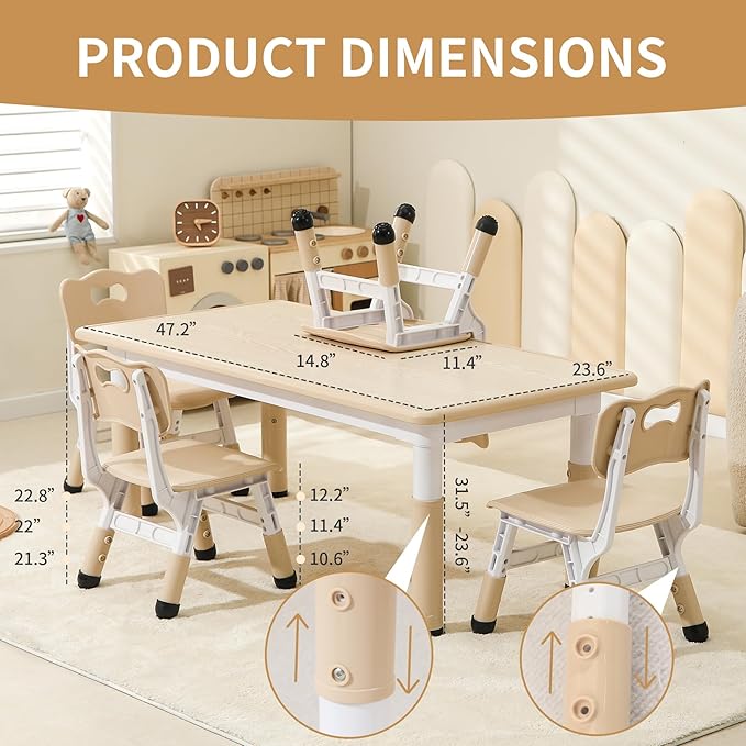 Kids Table and 4 Chairs Set, Height Adjustable Toddler Table and Chairs Set, Graffiti Desktop Children Activity Table for Ages 2-10, Daycare, Classroom, HOM