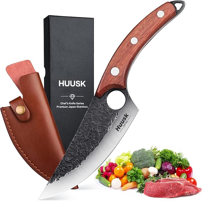 Huusk Viking Japanese Meat Cleaver, Forged Boning Knife With Sheath, High Carbon Steel Japan Butcher Fillet for Kitchen, Camping