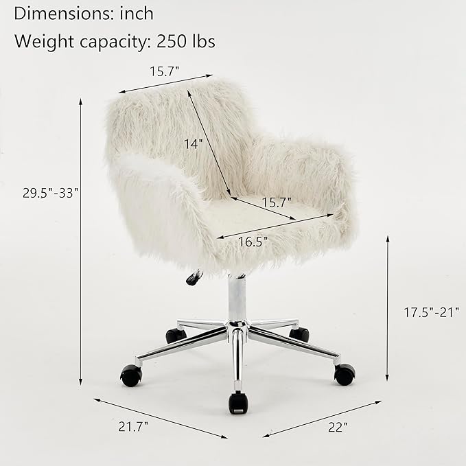 Goujxcy Fluffy Desk Chair, White Faux Fur Vanity Chair Swivel Office Chair for Girls Women, Height Adjustable Cute Plush Furry Makeup Chairs for Bedroom Home Office