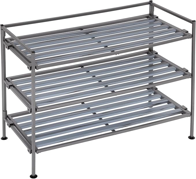 Seville Classics Sturdy Freestanding Storage Shelf for Bedroom, Closet, Entryway, Dorm Room Organizer Stackable Durable Metal Shoe Rack Silver Mist Slat, 3-Tier