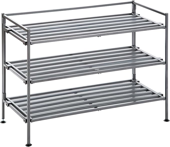Seville Classics Sturdy Freestanding Storage Shelf for Bedroom, Closet, Entryway, Dorm Room Organizer Stackable Durable Metal Shoe Rack Ash Gray Slat, 3-Tier