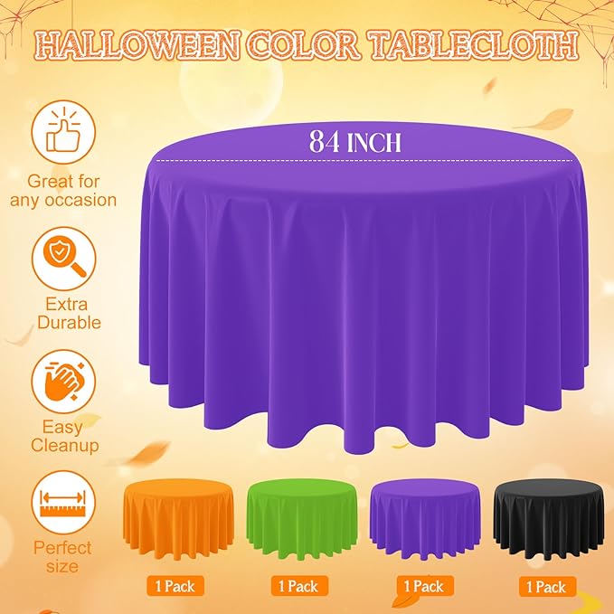MASHAN 4Pcs Round Halloween Tablecloth Plastic Orange Black Purple Green Table Cloths Disposable Round Table Covers for Halloween Witch Vampire Party Decorations, 84inch