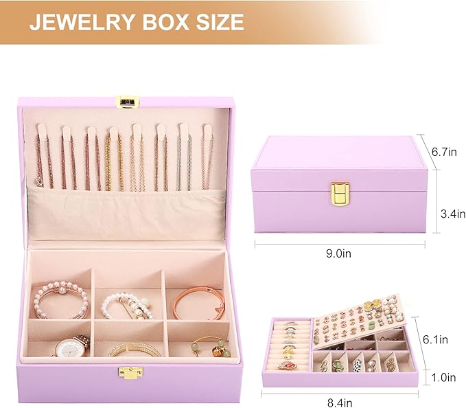 Jewelry Box for Girls Women Leather Jewelry Organizer with Lock Double Layers Jewelry Storage Case Removable Tray for Necklace Earring Ring with Polishing Cloth and Jewelry Bags, Home Decor Gifts