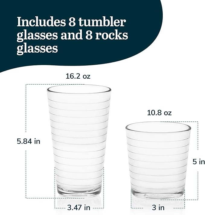 Libbey Hoops Tumbler and Rock Glass Set, Two Sized Nostalgic Retro Glass Cups Set, Dishwasher Safe Glasses Drinking Set of 16 for Any Occasion