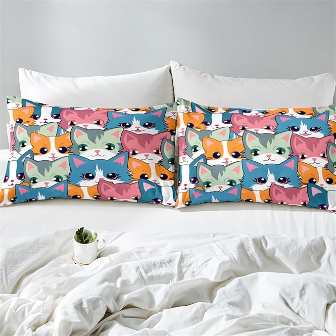 Cat Comforter Set for Girls - Balck Neon Cartoon Cats Bedding Set for Girls Bedroom Ultra Soft Cats Queen Size Comforter All-Season with 1 Quilt and 2 Pillowcases Home Room Decor