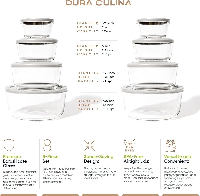 16-Piece Glass Food Storage Containers Set (8 Containers + 8 Lids) | Round, Nesting, Microwave & Dishwasher Safe | BPA-Free, Space-Saving | Grey Lids for Pantry & Kitchen Organization