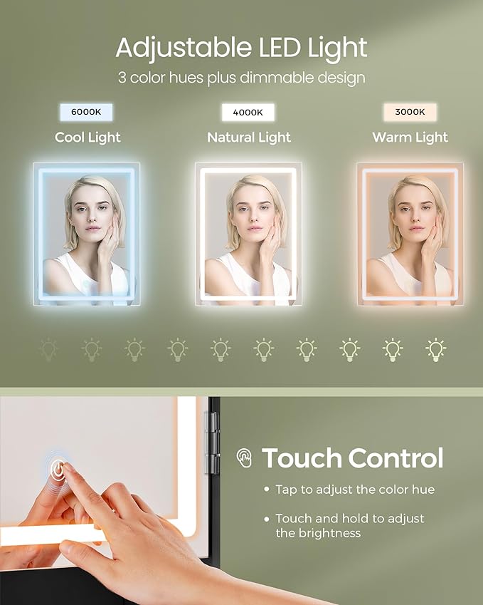 VASAGLE KAILYN Collection - Vanity Desk with Power Outlets, Makeup Vanity with Mirror and Lights, Upholstered Vanity Stool, LED Lights, 6 Compartments, 2 Drawers, for Bedroom, Ink Black URDT031B01