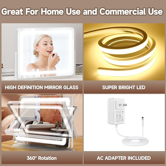 PRIMETEK Vanity Mirror with Lights, 22"x19" Large Makeup Mirror with Lights, Hollywood LED Lighted Makeup Mirror, Touch Sensor with 3-Color Lighting, Dimmable for Vanity Desk Tabletop, Bedroom, White