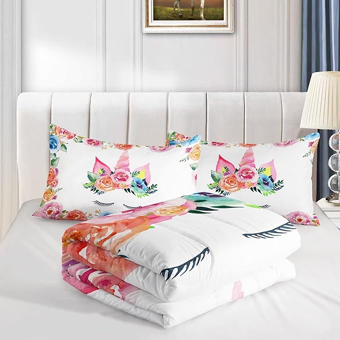 Unicorn Floral Watercolor Flower Comforter Bedding Set for Girls Teens Adults,Colorful Lovely Roses Blooms Print Design Unicorn Bedding Set(Full)