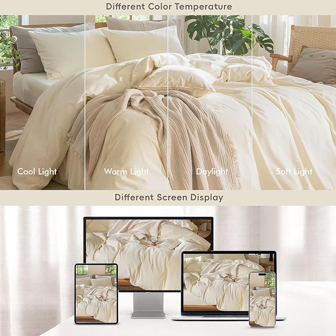 MooMee Bedding Duvet Cover Set 100% Washed Cotton Linen Like Textured Breathable Durable Soft Comfy (Solid Cream White, Cal King 104"x98")