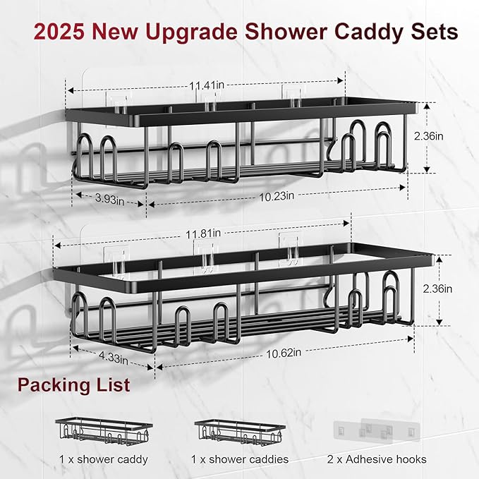 Adhesive Shower Caddy, Shower Shelves with 16 Hooks, Rustproof Shelf Wall Corner Racks for Inside Bath, No Drilling & Sleek Bathroom Organizers and Storage Caddies Soap Holder, 2 Pack