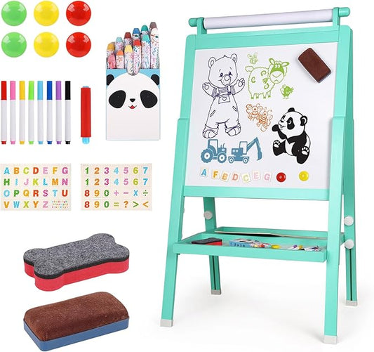 Wooden Art Easel for Toddlers Foldable Kids Easel with Paper Roll Children Double-Sided Whiteboard & Chalkboard Standing Educational Painting and Drawing Easel