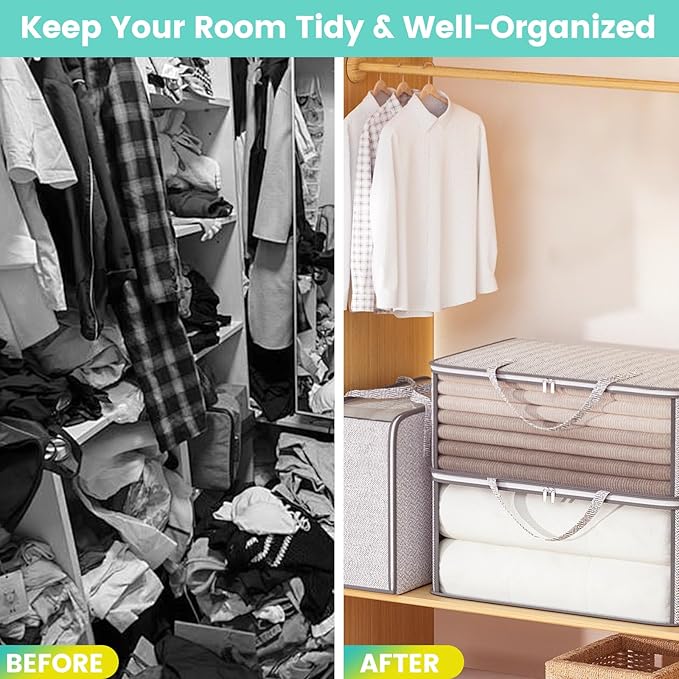 4 Pack Grey Comforter Storage Bags, Clothes Storage Bags, Collapsible Closet Organizers with Reinforced Handles, Heavy-Duty Storage Totes for Clothes & Comforters