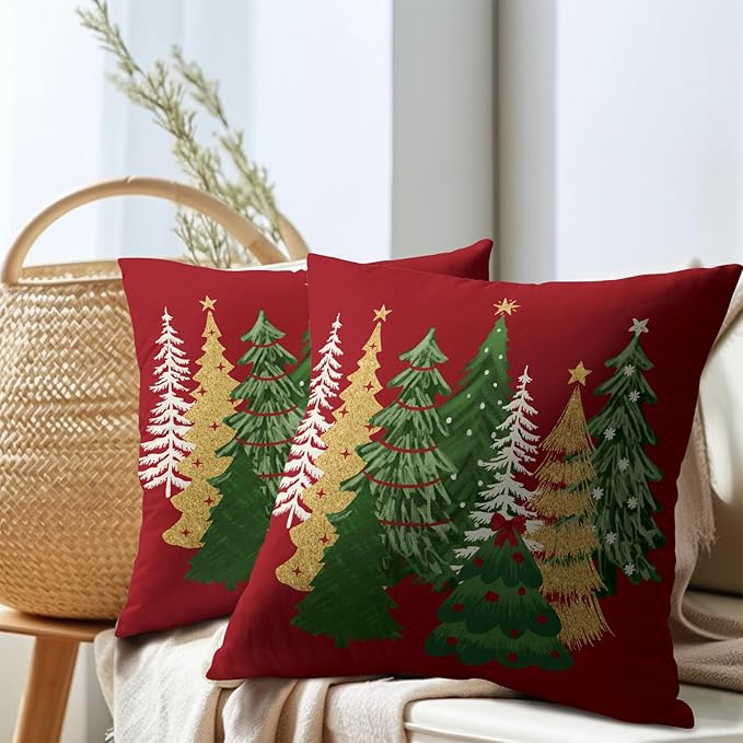 Kawani Christmas Red Decorative Pillow Covers 22x22 Inch Set of 2 Christmas Tree Outdoor Throw Pillow Covers Winter Xmas Holiday Pillowcases Cushion Covers for Home Couch Christmas Decor