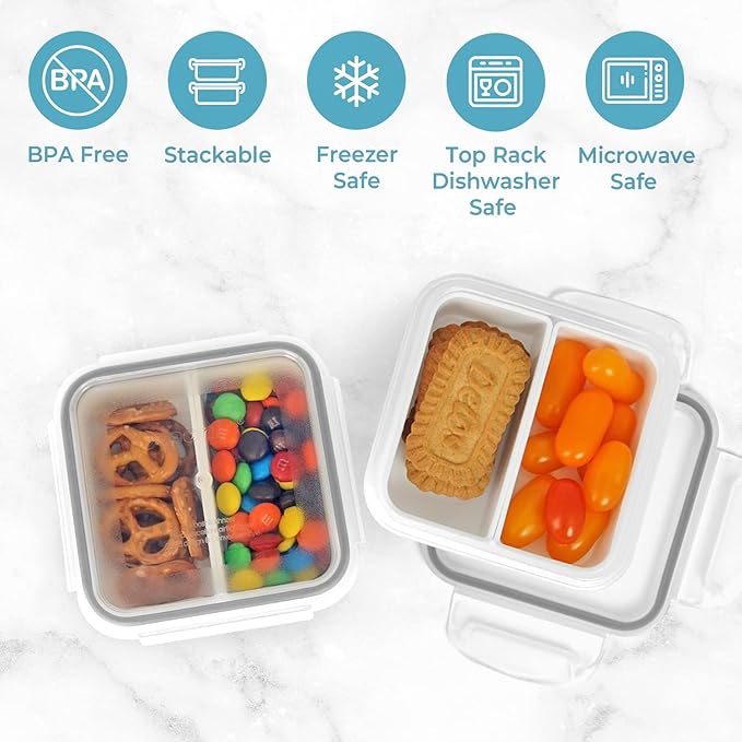 carrotez 2 Compartment Snack Containers, Mini Snack Containers for Mini Fridge, Small Food Storage Containers, Airtight Lids, Reusable, 1.1 cup, 2 PACK