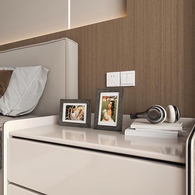 KINLINK 4x6 Picture Frame Ash Black, Solid Wood Frames with Acrylic Plexiglass for 3.5x5 with Mat or 4x6 without Mat, Tabletop and Wall Display Photo Frame, Set of 4