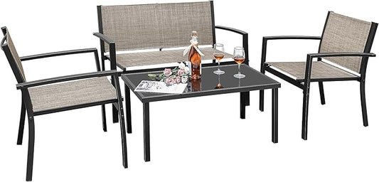 Greesum 4 Pieces Outdoor Furniture Set All Weather Patio Conversation Set with Porch Loveseat, Garden Bistro Chairs with Glass Coffee Table for Garden Backyard Poolside Textile Modern, Brown