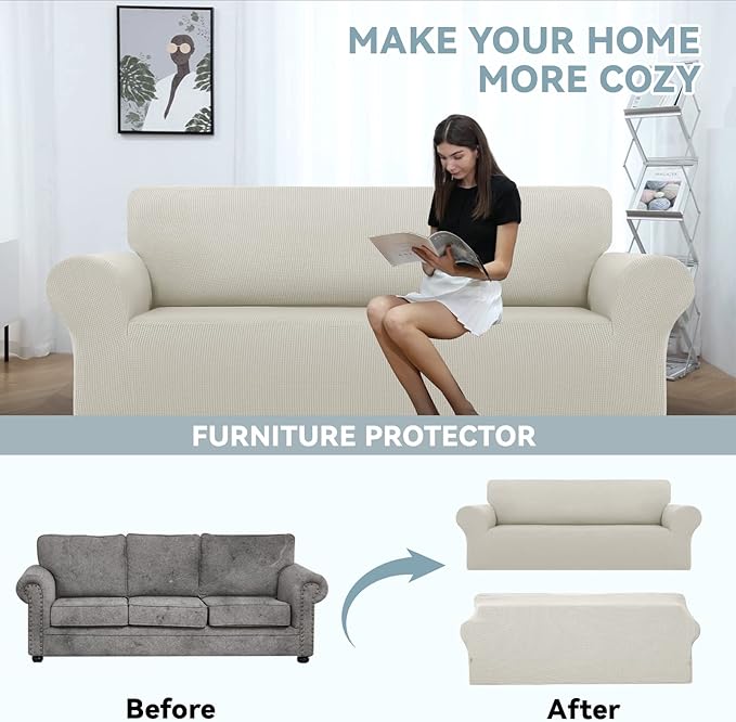 LURKA Stretch Sofa Slipcovers 1 Piece Couch Covers for 3 Cushion Couch Sofa Furniture Protector Full Sofa Covers with Elastic Bottom for Kids and Dog (Large, Ivory)