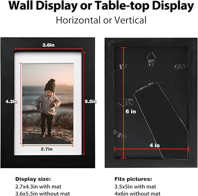 KINLINK 4x6 Frame Black, Solid Wood 4 x 6 Picture Frame with Acrylic Plexiglass for 3.5x5 with Mat, Tabletop and Wall Display Photo Frames 4x6 Black, 4 Pack