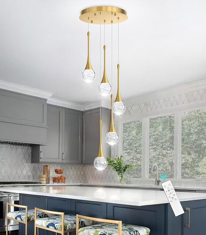 cenzoz 5-Lights Modern Pendant Lights for Kitchen Island LED Dimmable Chandelier Crystal Glam Ceiling Pendant Lighting for Dining Room Hallway Bedroom Lamp Antique Gold