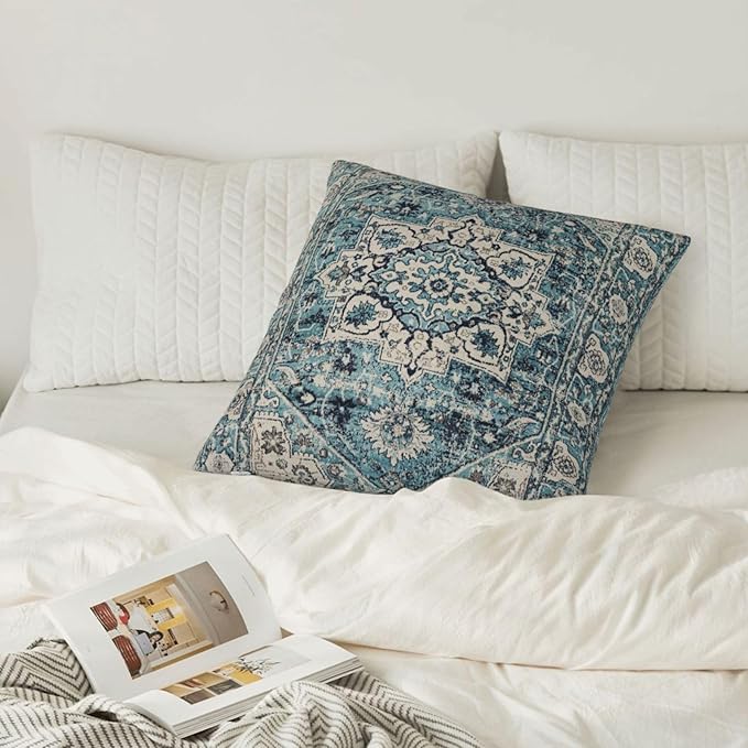 Boho Pillow Covers 18X18 Inch Set of 2 Bohemian Vintage Throw Pillow Covers Blue Carpet Pattern Cushion Cases Farmhouse Decorative Outdoor Pillow Covers for Couch Home Sofa Living Room