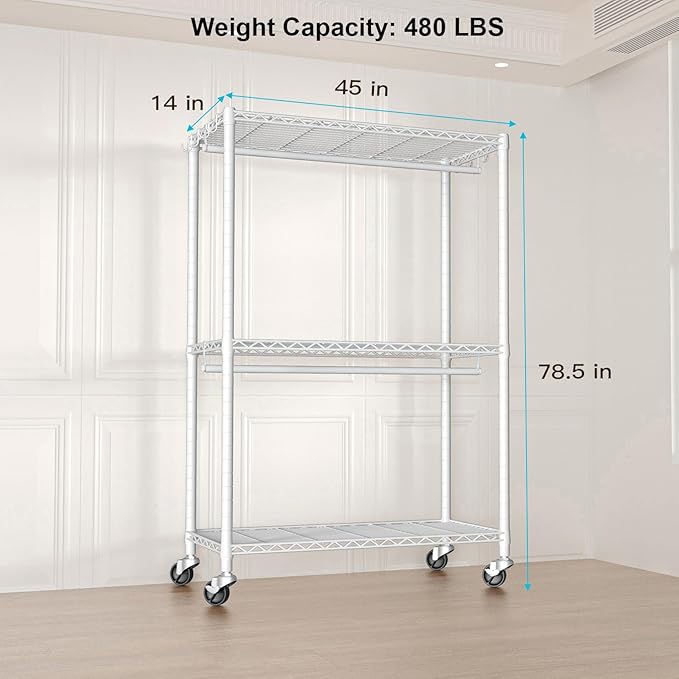 FUTASSI P3 Plus Rolling Clothes Rack, Clothing Racks for Hanging Clothes, Heavy Duty Garment Rack with Wheels, Freestanding Portable Closet Rack 45" W x 14" D x 78.5" H, Max Load 480 LBS, White