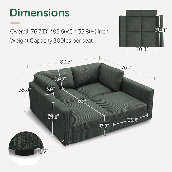 HONBAY Modular Sectional Couches with Storage Corduroy Sleeper Sofa Modular Sectional Couches for Living Room,Green