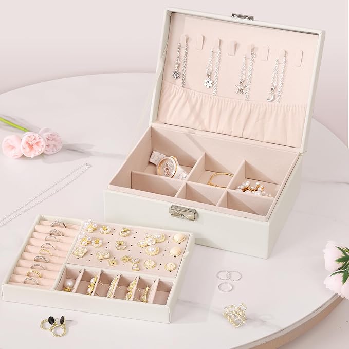 White Jewelry Box 2 Layer Jewelry Box 10.4 x 7.7 x 3.9 Inches Jewelry Organizer Tray for Earrings Bracelets Rings Watches (White)