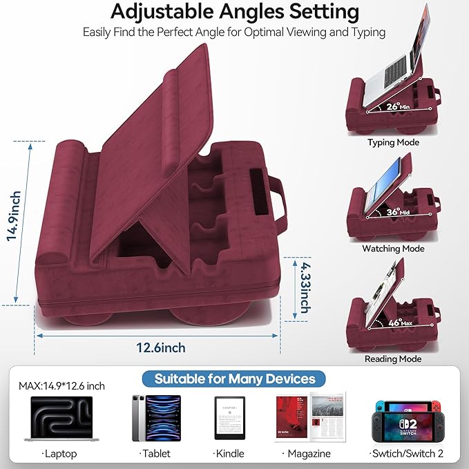 Laptop Lap Desk with Cushion, Adjustable Lap Desk Pillow with Storage, Portable Lap Table for Adults Student, Laptop Stand for Bed Office Dorm Home Room Couch, Fits Up to 14.9" PC Tablet, Red