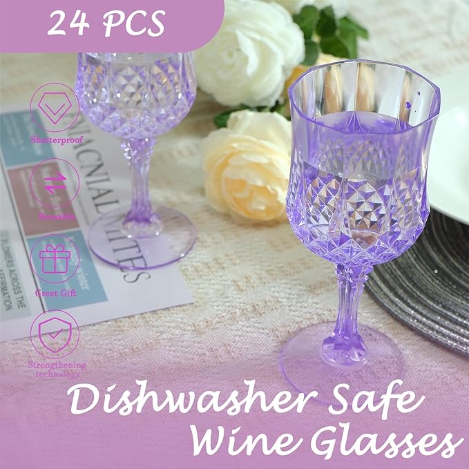 Plastic Wine Glasses，Plastic Goblets Vintage Style Cordial Drinking Glasses for Wedding Reception, Grand Event Party Supplies (24, Purple)