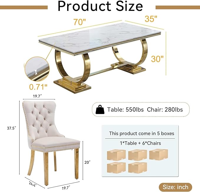 Goujxcy 7 Piece Marble Dining Table Set for 6, Luxury White Marble Gold Kitchen Table with 6 Beige Velvet Upholstered Chairs, Modern 6 Person Dining Room Table Set for Kicken Dining Office Room