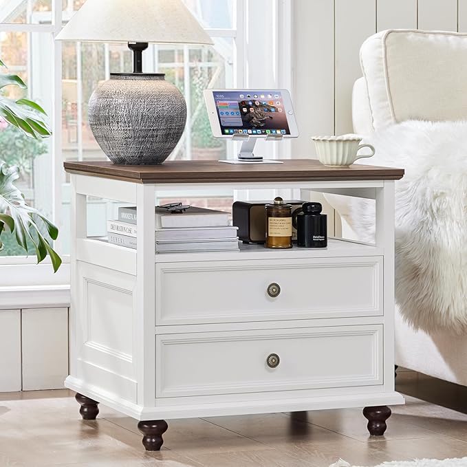 24" Wide Farmhouse Night Stand,Large End Table with 2 Drawers & Metal Handle,Wood Dresser for Bedroom, White Bed Side Table Chest of Drawers Cabinet,Nightstand for Living Room,Closet