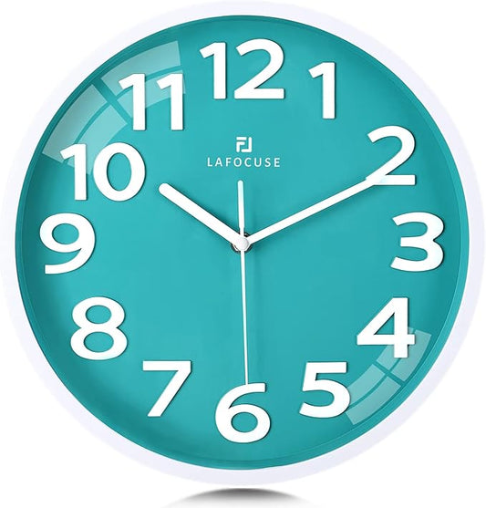 Lafocuse 12 Inch Silent 3D Numbers Teal Wall Clock for Living Room Decor, Battery Operated Teal Clocks for Girls Room Bedroom Office Kitchen