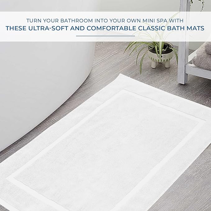 DAN RIVER Classic Bath Mat - White, 100% Ring Spun Cotton, Pack of 2, 21x34 inches, 800 GSM, Non-Slip, Absorbent, Quick Drying, Machine Washable Bathroom Floor Mats for Shower, Kitchen & Bath