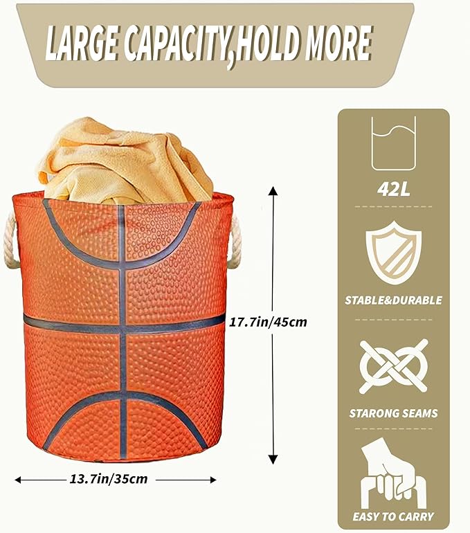 Basketball Texture Laundry Basket for Boys Room Decor, Kids Nursery Hamper for Teen Boy Girl Ball Gift 17.7x13.7 Inch Storage Bucket