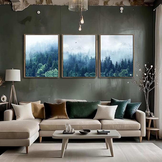 Arjun Forest Wall Art Misty Tree Indigo Blue Landscape Canvas Painting Mountain Pine Tree Nature Birds Pictures Scenery Framed for Living Room Bedroom Bathroom Home Office Wall Decor, 12"x16"x3 Panels