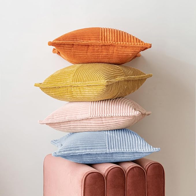 MIULEE Decorative Throw Pillow Covers for Couch Bed Livingroom 20x20 Inch Set of 2 Baby Blue Boho Accent Throw Pllows Broadside Striped Patchwork Soft Corduroy Pillowcases