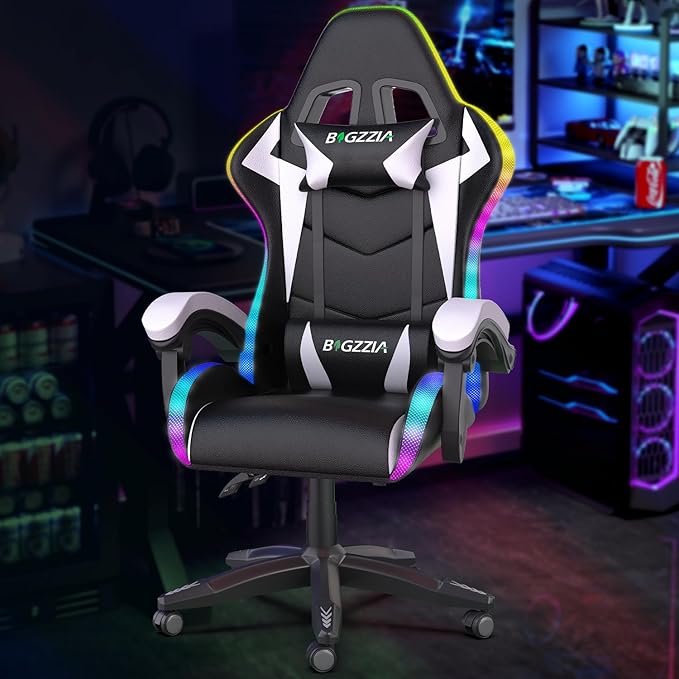Bigzzia Gaming Chair with RGB LED Lights, High Back Ergonomic Computer Gamer Chair with Headrest and Lumbar Support, Racing Style Reclining Game Chair for Adults, Kids(Black/White)