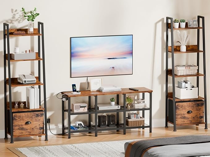 Furologee TV Stand with Power Outlets, Small Entertainment Center with Open Storage Shelves, Media Console Center for TVs up to 50 Inch, Television Stands for Living Room/Bedroom, Rustic Brown