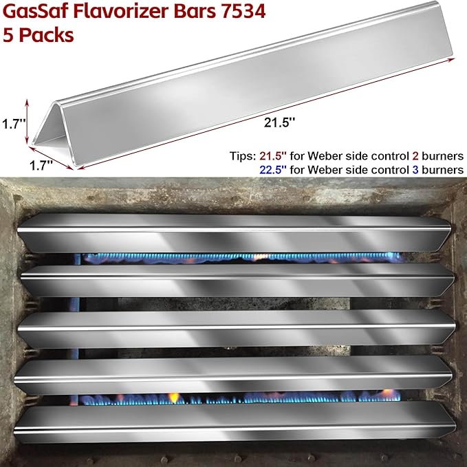 GasSaf 21.5" Flavorizer Bars Replace for Weber 7534, Genesis Silver A, Spirit 200 Series E/S200 E/S-210, Spirit 500 with Side Control Knob, 5-Pack Stainless Steel Flavor Bars(21.5" x 1.7" x 1.7")