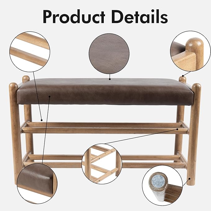 Solid Wood Entryway Bench with Shoe Storage, Rustic Oak Wood and PU Leather 31.5 Inch Long Seating for Living and Dining Rooms, 3-Tier Brown