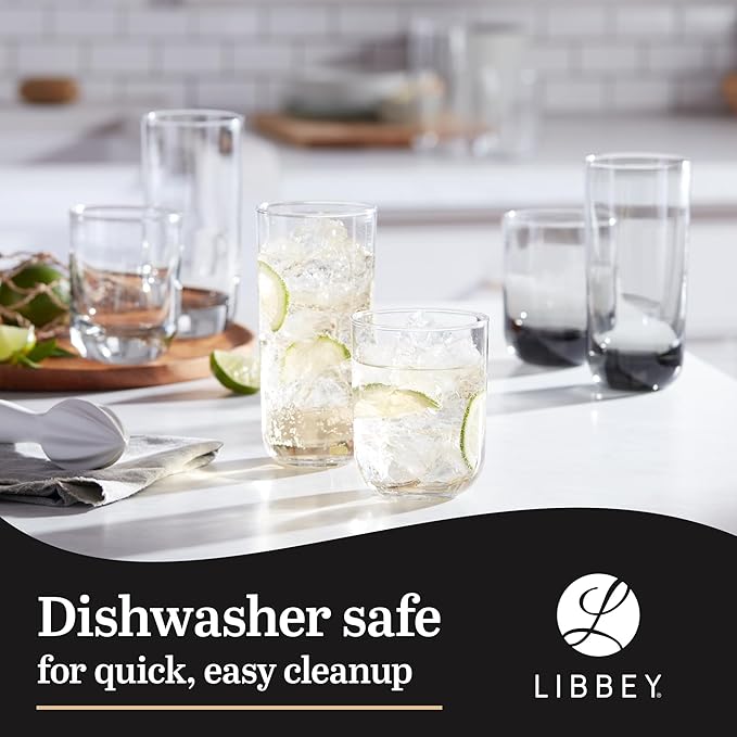 Libbey Polaris Tumbler and Rocks Glass Set, Elegant Drinkware Glasses Set, Lead-Free Tall Drinking Glasses with Modern Clean Lines, Dishwasher Safe Drinking Glasses Set of 16, Axis