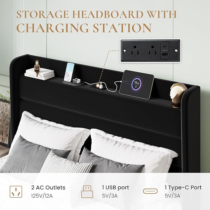SHA CERLIN Full Size Bed Frame with Charging Station, Velvet Upholstered Platform Bed, Wingback Storage Headboard, Type-C & USB Ports, Strong Wooden Slats, No Box Spring Needed, Easy Assembly, Black