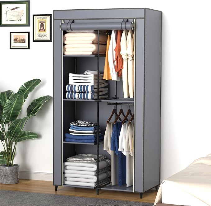 Portable Closet, Wardrobe Closet with 6 Storage Shelves and 2 Hanging Rods, Non-Woven Fabric Cover, 34.6 x 17.7 x 66.1 Inches Closet Organizer for Bedroom, Gray