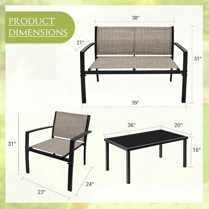 Greesum 4 Pieces Outdoor Furniture Set All Weather Patio Conversation Set with Porch Loveseat, Garden Bistro Chairs with Glass Coffee Table for Garden Backyard Poolside Textile Modern, Brown