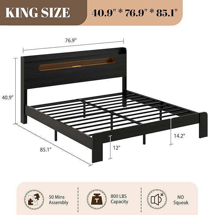 Wooden King Size Bed Frame with Storage Headboard, Farmhouse Platform Bedframe with Charging Station & Led Lights, Sturdy Wood Slat Framework, Easy Assembly (Rustic Black, King)